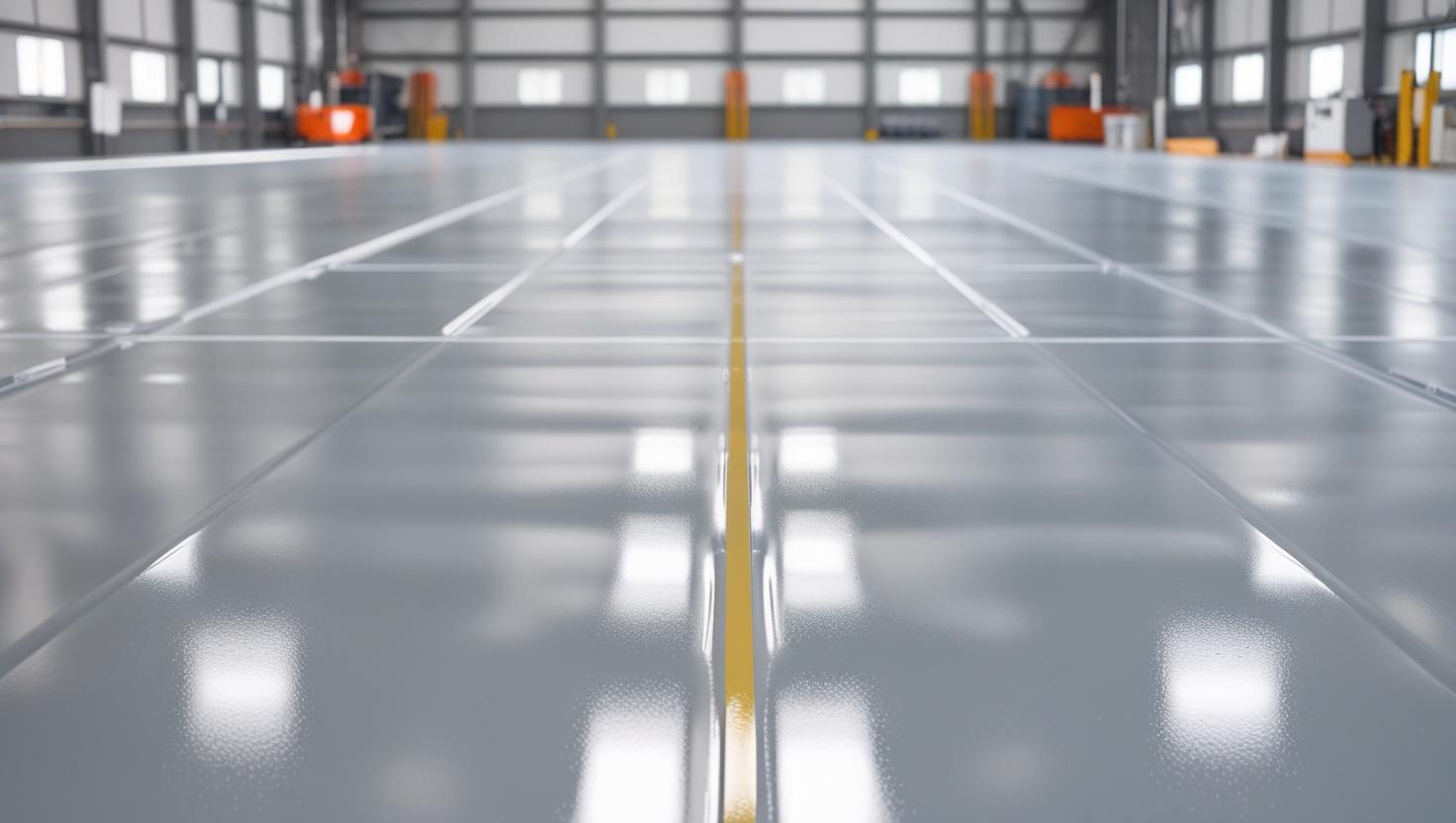 A clean, high-resolution image of a smooth, freshly installed resin flooring system in a commercial or industrial setting. The floor has a seamless, glossy finish with a slightly reflective (2)