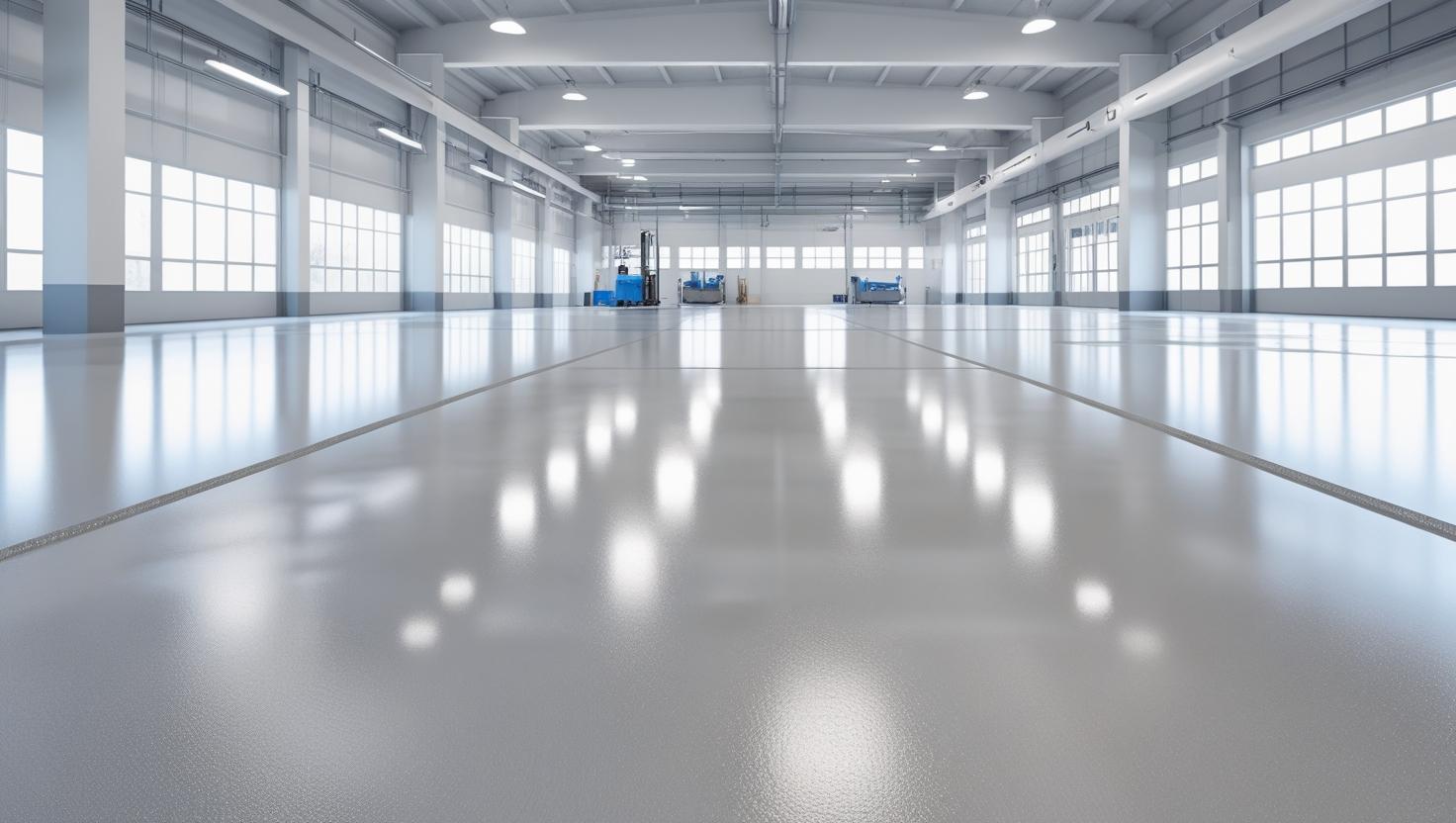 A clean, high-resolution image of a smooth, freshly installed resin flooring system in a commercial or industrial setting. The floor has a seamless, glossy finish with a slightly reflective surf