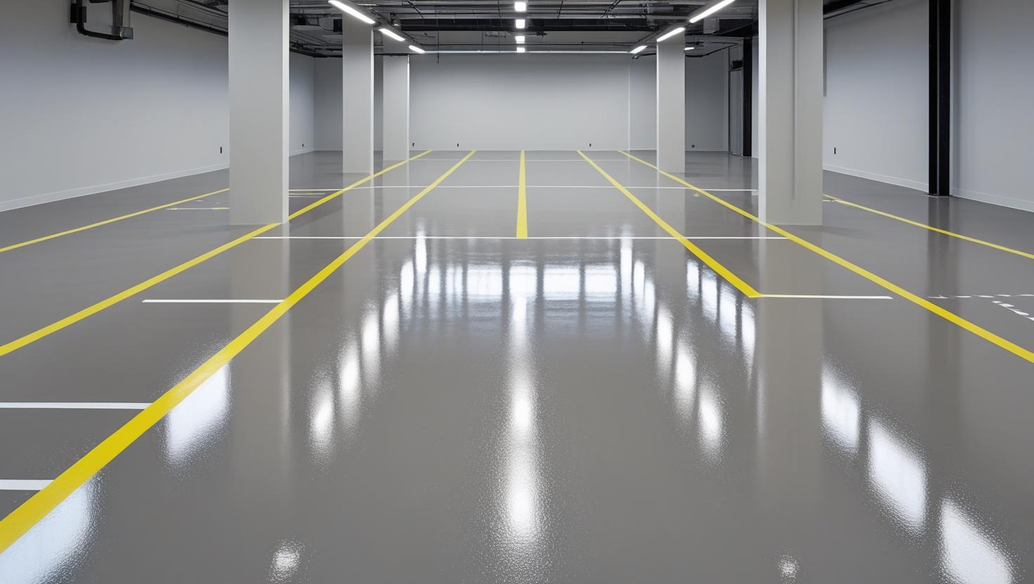 A professional, high-resolution image of a large indoor space with a freshly installed high build epoxy flooring system. The floor has a thick, glossy, seamless finish in a neut (2)