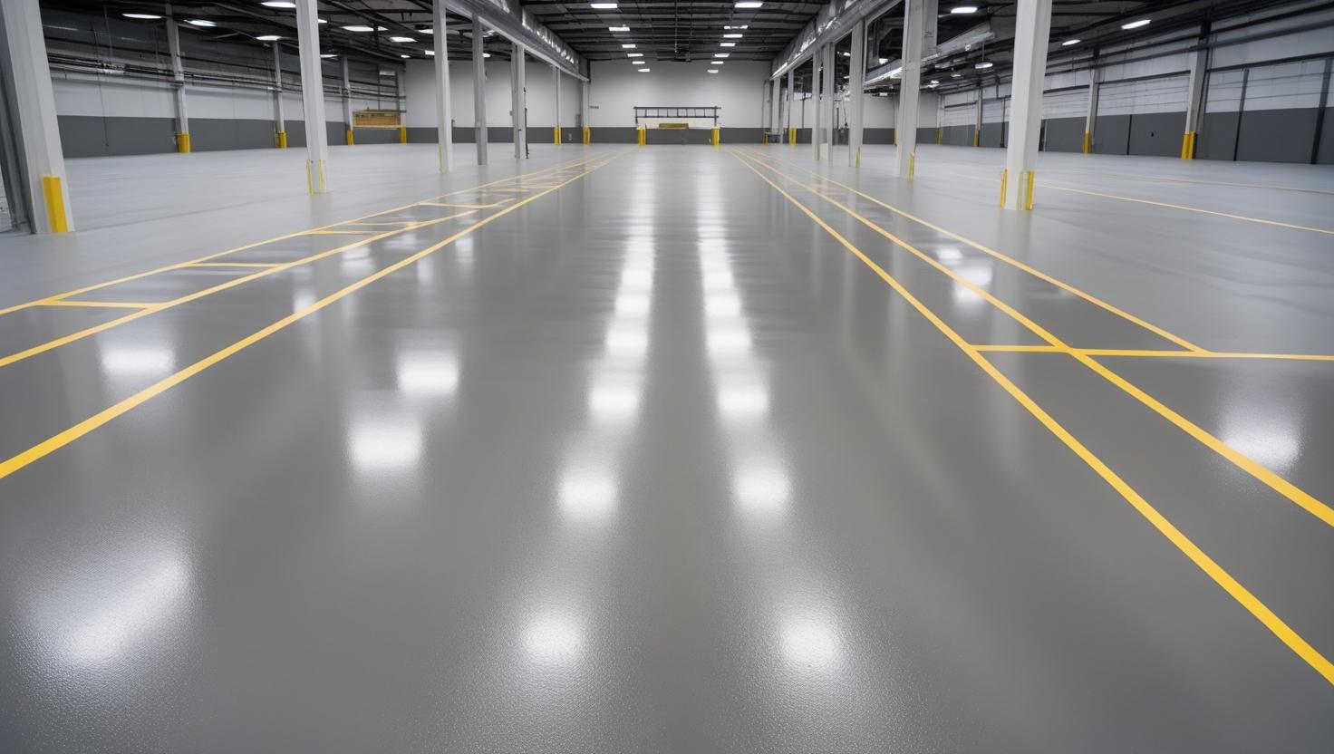 A professional, high-resolution image of a large indoor space with a freshly installed high build epoxy flooring system. The floor has a thick, glossy, seamless finish in a neutral or industrial